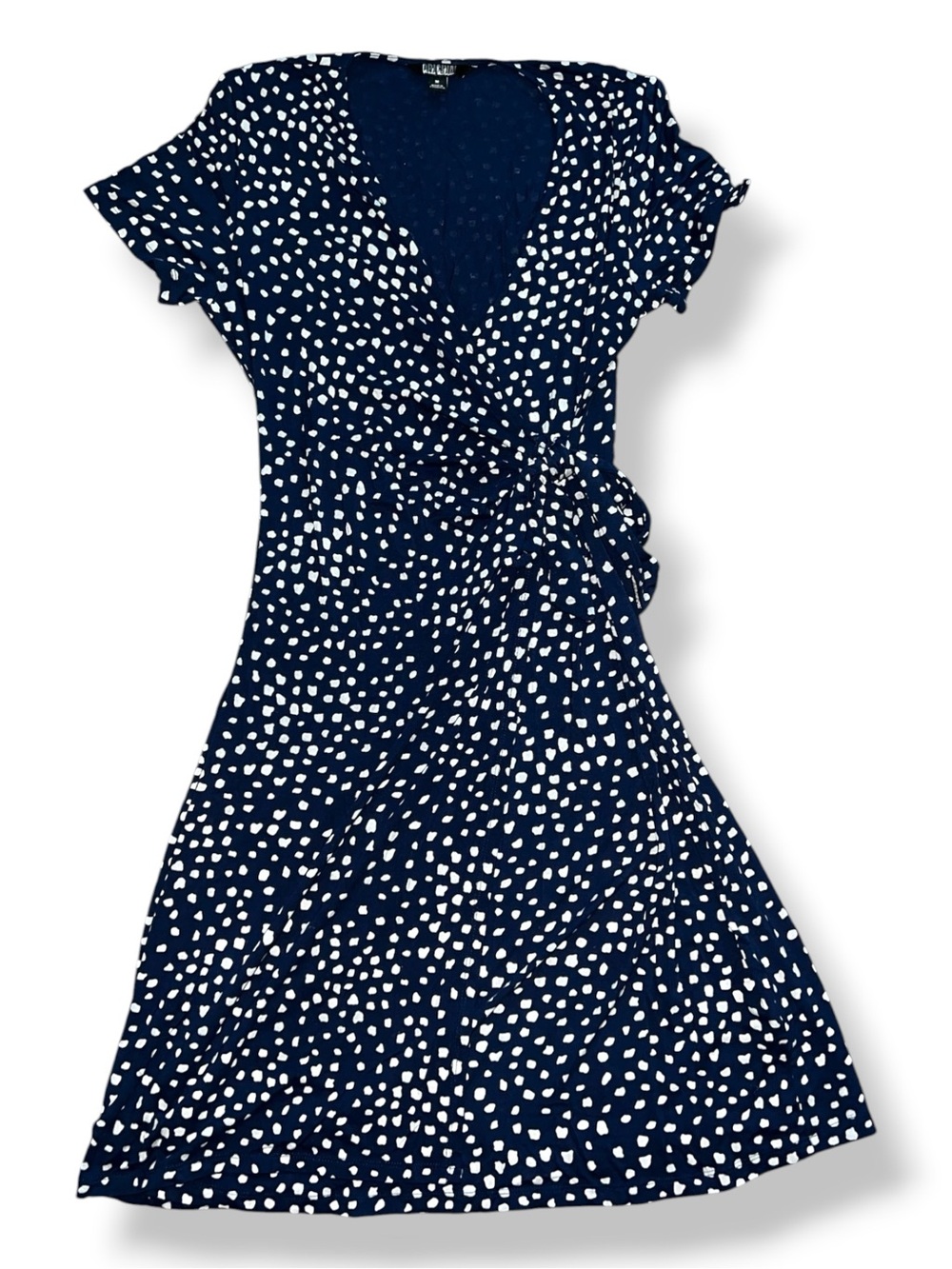 Nicole Miller faux wrap dress navy blue and white polka dot size M